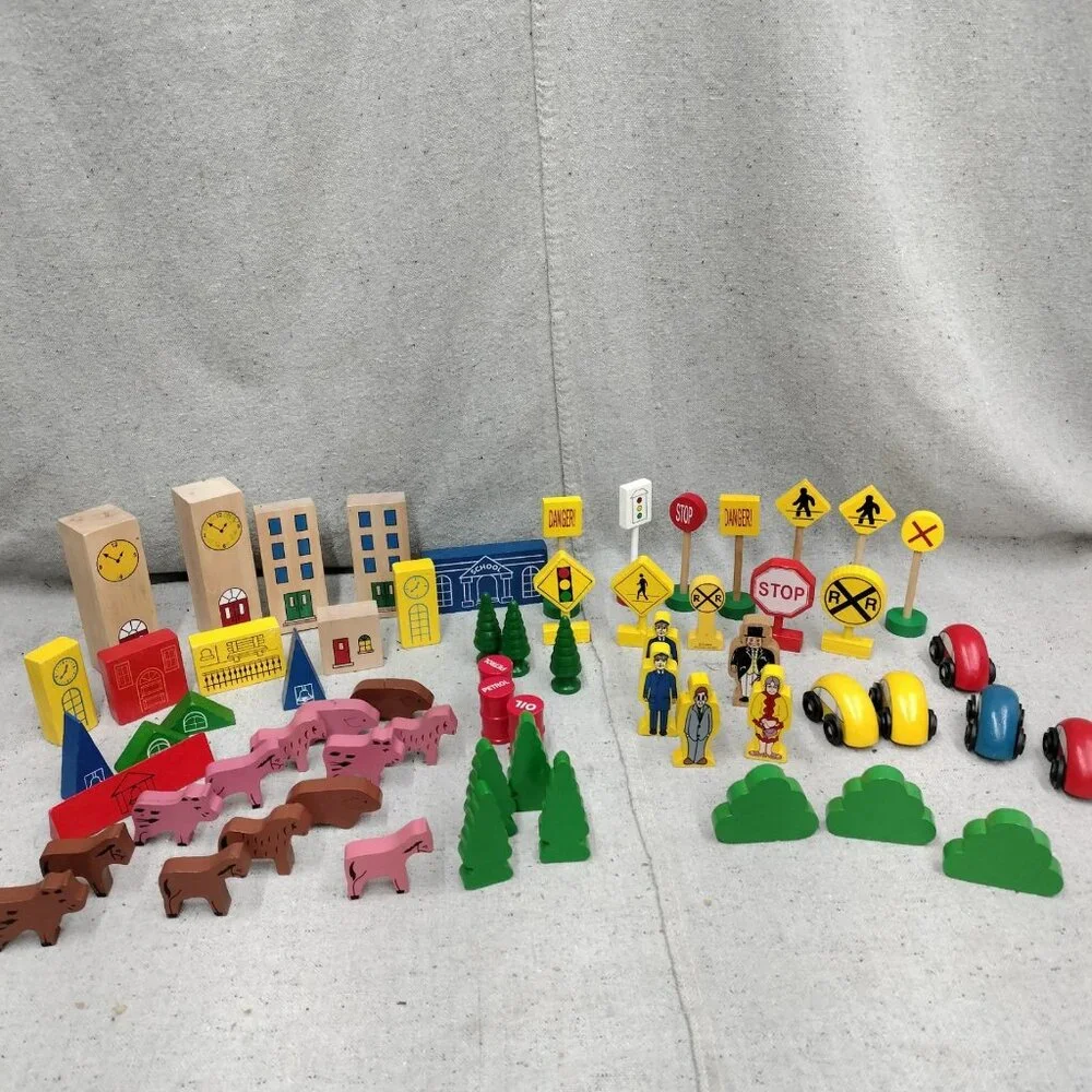 Lot of 63 Thomas Train Wooden Trees Signs Animals People Buildings Accessories